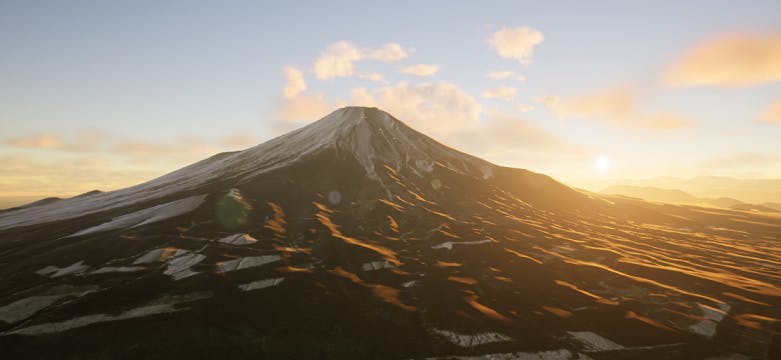 Mt Fuji with volumetric clouds behind it 