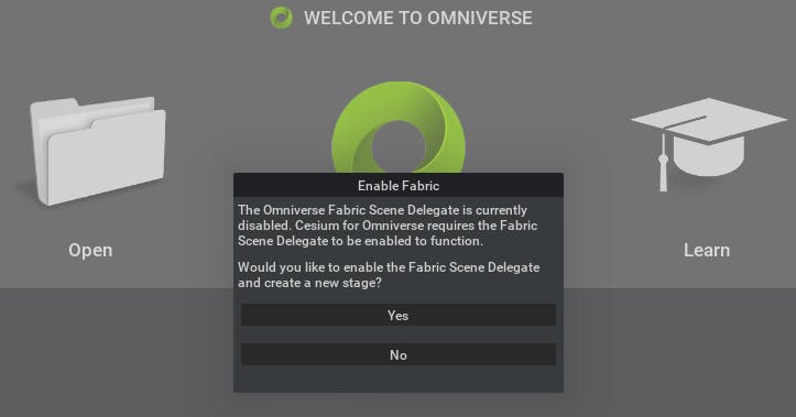 If the application is successfully loading the Cesium for Omniverse extension, the Enable Fabric window should appear when the application loads. Click Yes to continue.