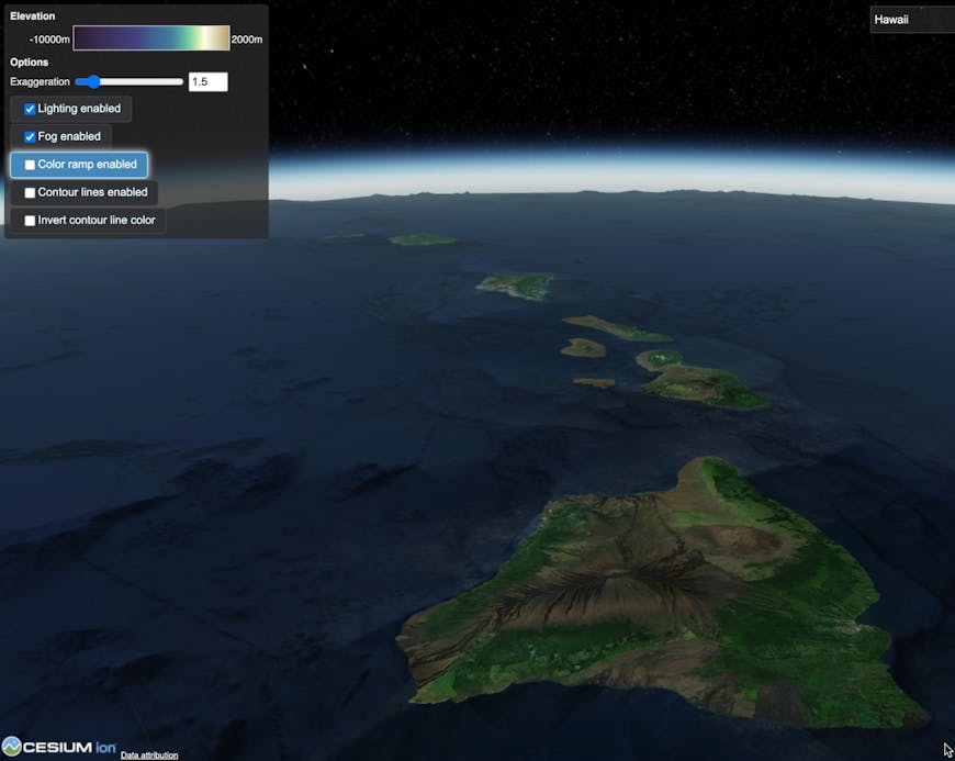 Horizon view of Cesium World Bathymetry of Hawaii with fog 