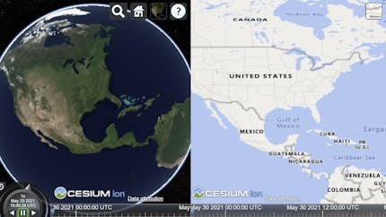 Two views of earth in the left and right panes of CesiumJS, displaying the same location but with different views (the globe with natural imagery and a labeled map view).