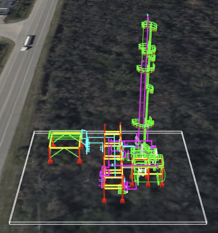 A CAD model rendered in CesiumJS with visible edges drawn without any surfaces (wireframe style)