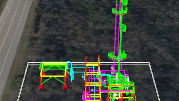 A CAD model rendered in CesiumJS with visible edges drawn without any surfaces (wireframe style)