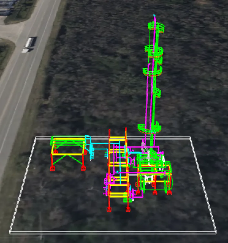 A CAD model rendered in CesiumJS with visible edges drawn without any surfaces (wireframe style)