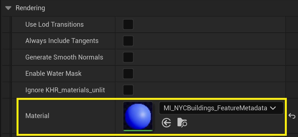 Cesium for Unreal tutorial: Visualize Mesh Features and Metadata. Go to your tileset’s Details panel. Under the Cesium > Rendering category, set the Material property to your own custom material.