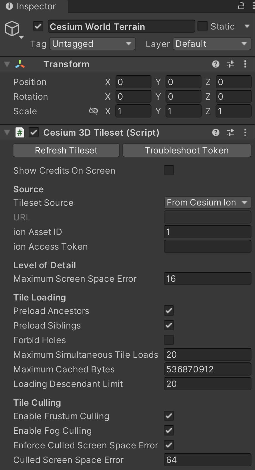 More info about Cesium World Terrain in the Inspector window