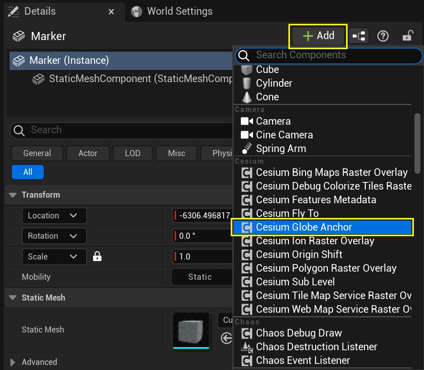 A screenshot highlighting the Add button to add a new component, and the Cesium Globe Anchor component to be added.