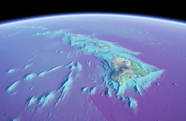 Cesium World Bathymetry data for Hawaii and the surrounding ocean, visualized with Unreal Engine and a purple color gradient applied