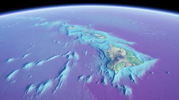 Cesium World Bathymetry data for Hawaii and the surrounding ocean, visualized with Unreal Engine and a purple color gradient applied
