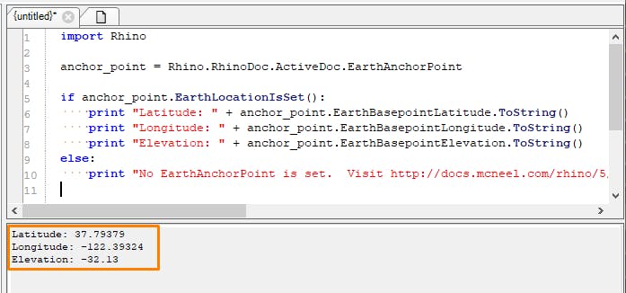 Cesium for Omniverse McNeel Rhino tutorial: If the EarthAnchorPoint has been correctly configured, the script will print out the scene’s latitude, longitude, and elevation values. Copy this information into a text editor for later, and close the Rhino Python Editor.