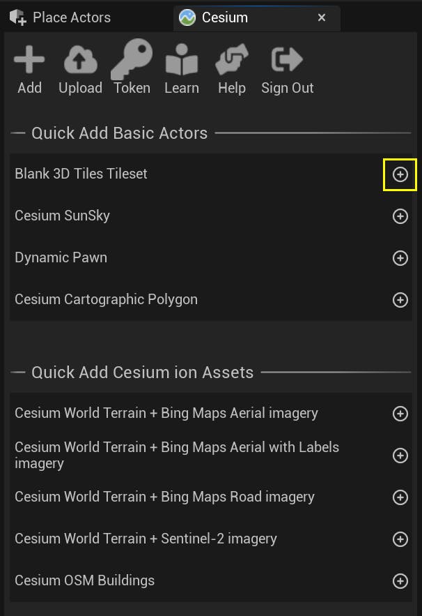 A screenshot showing the Cesium panel with the button to add a Blank 3D Tiles Tileset highlighted.