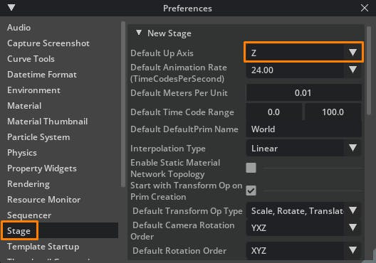 Cesium for Omniverse Graphisoft Archicad tutorial: Click Stage; then set Z as the Default Up Axis. This will ensure our stage follows the up-axis convention of typical AECO tools, making it easier to find and adjust coordinates.