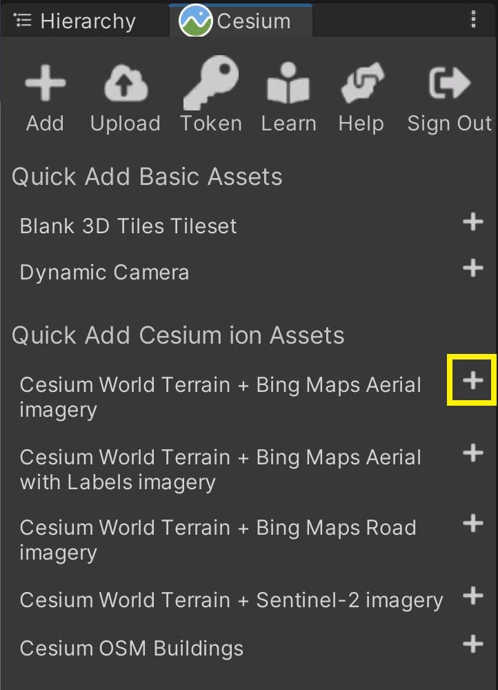 Add "Cesium World Terrain + Bing Maps Aerial imagery."