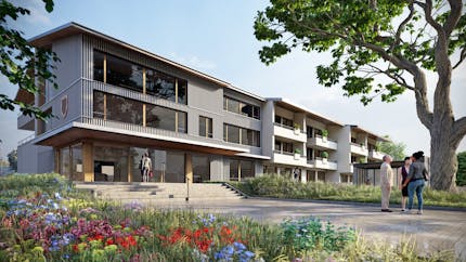 UHD 3D rendering of a future project in Anieres, Switzerland, by Uzufly. Gray multistory building with large windows, people standing by a large tree, colorful flowers in the foreground.