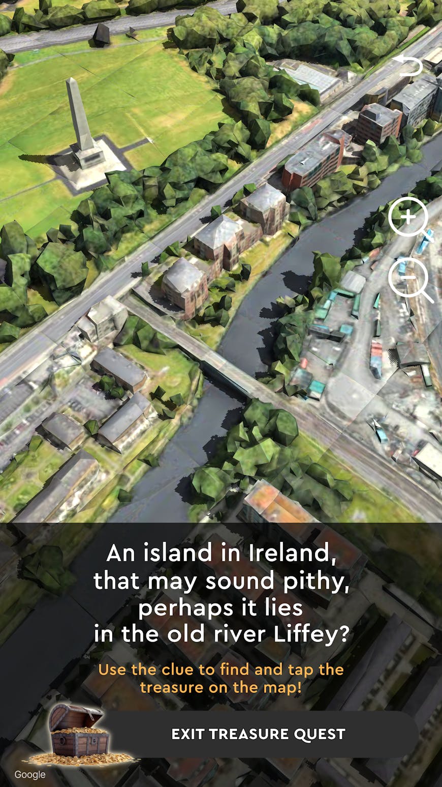 Gamifying a tour of Dublin and presenting the experience in 3D helps with connection to the city. The River Liffey is shown here as Photorealistic 3D Tiles with text reading "An island in Ireland, that may sound pithy, perhaps it lies in the old river Liffey?"