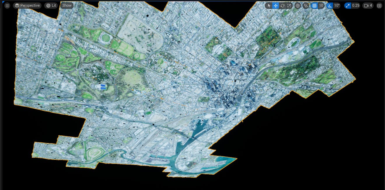 A screenshot of the Editor viewport after double-clicking on the Melbourne Photogrammetry Cesium3DTileset, showing Melbourne upside-down.