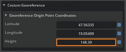 Cesium for Omniverse Graphisoft Archicad tutorial: Add this value to the original altitude value from Archicad. The result should be 148.39.  Paste this value into the Height property of the CesiumGeoreference prim.