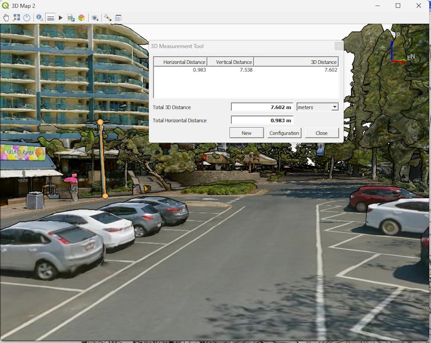 3D Tiles now supported in QGIS: Use the measure tool for vertical and horizontal elements. Courtesy North Road. Data QLD Digital Twin Terria (CSIRO Data 61).