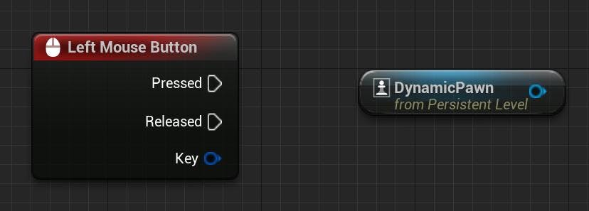 Cesium for Unreal tutorial: Visualize Mesh Features and Metadata. The Left Mouse Button and Dynamic Pawn nodes created in the previous two steps.