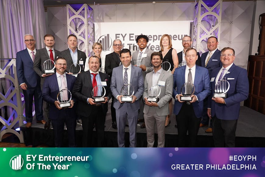 EY Entrepreneur of the Year Greater Philadelphia 2023 winners, pictured with EY Program Co-Directors Mike Nichols and Andrew Coll. 