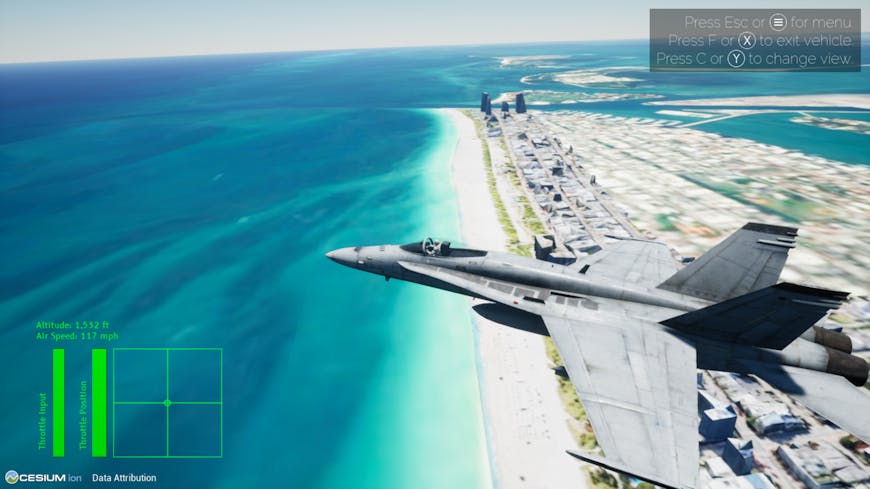 Screenshot from Cesium for Unreal Click To Run demo showing user-controlled fighter jet over Cesium World Terrain and Aerometrex Miami dataset