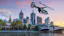 concept image of an aerial Uber vehicle flying over a river at the edge of a city skyline at sunset