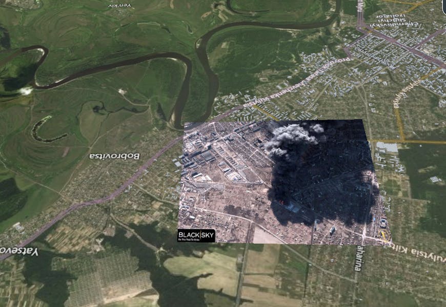 Satellite image of warehouse fire in Ukraine