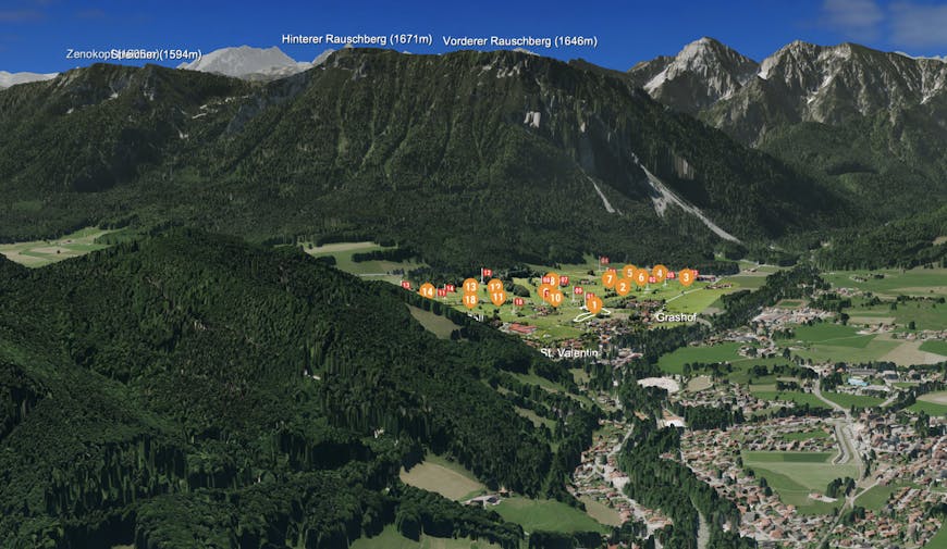 Golf Club Ruhpolding 3D map with surrounding mountains and details about their heights