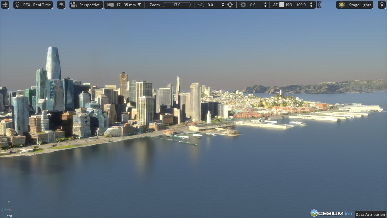 Cesium for Omniverse Dynamic Skies and Sun Study tutorial: Open your USD from the Lighting the Stage tutorial.