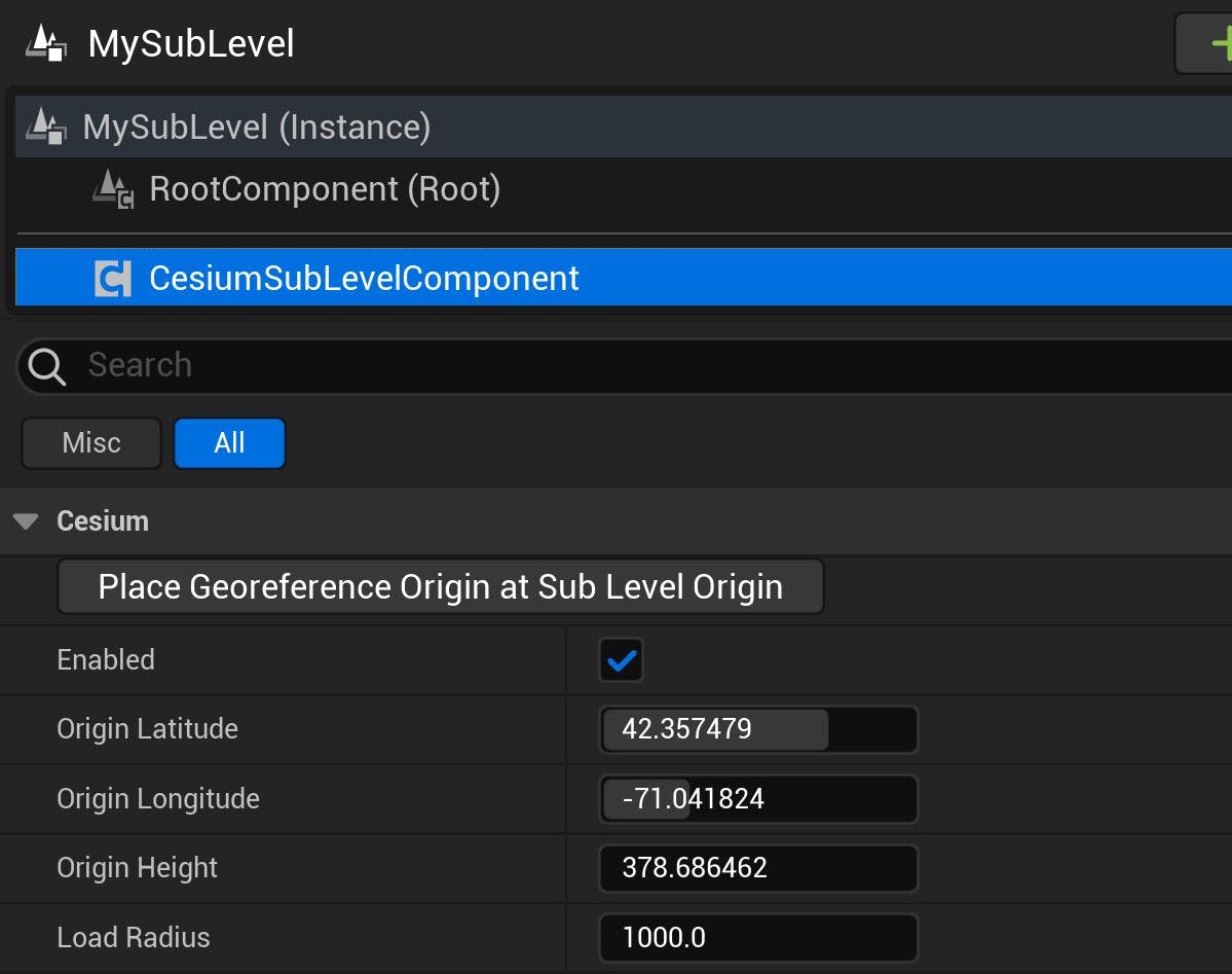 Cesium for Unreal tutorial: Upgrade to 2.0 Guide. The CesiumSubLevel component attached to a LevelInstance.
