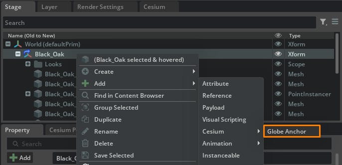Cesium for Omniverse tutorial: Placing Objects on the Globe. Right click the Black_Oak prim in the stage and select Add > Cesium > Globe Anchor.