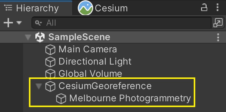 Two new game objects in the Hierarchy window: a parent game object named CesiumGeoreference and a child game object named Melbourne Photogrammetry.