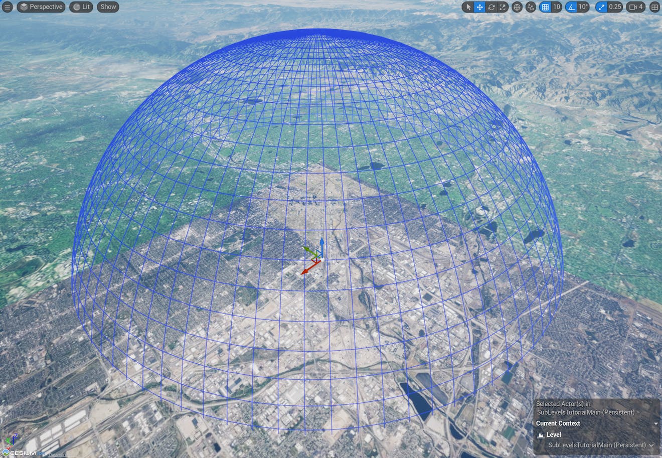 A screenshot of the wireframe Load Radius sphere, viewed from a distance.