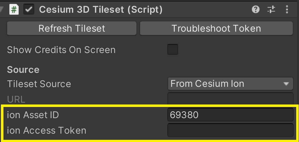 Take a look at the Cesium 3D Tileset in the Inspector.