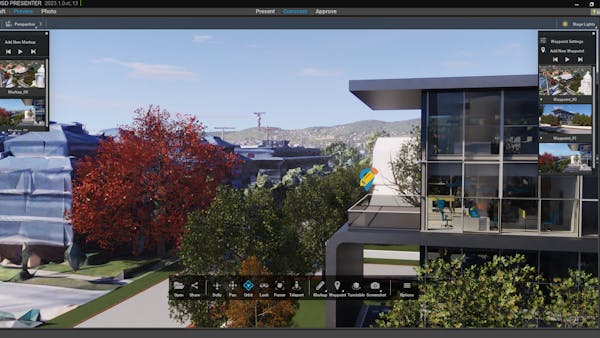 Architectural model with Photorealistic 3D Tiles displayed in NVIDIA Omniverse USD Presenter.
