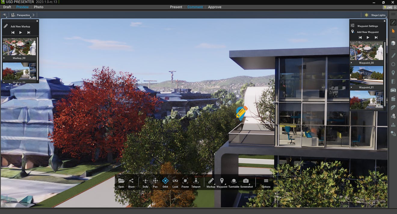 Architectural model with Photorealistic 3D Tiles displayed in NVIDIA Omniverse USD Presenter.