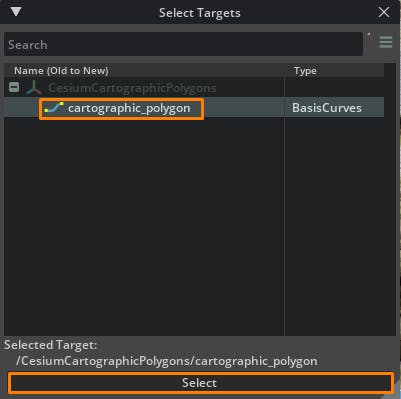 Cesium for Omniverse tutorial: tileset clipping. Select the cartographic_polygon prim created in Step 2 and click Select.