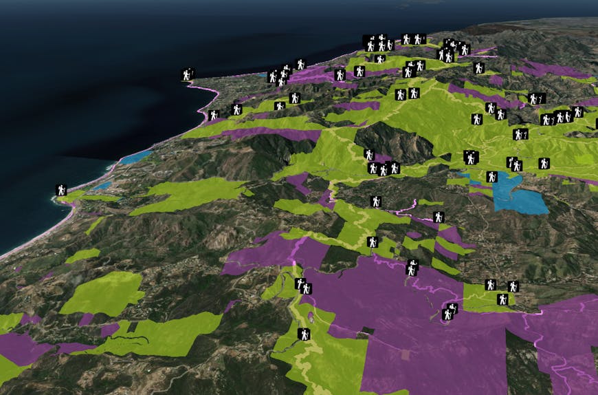 ArcGIS Trailheads, Trails, and Parks and Open Spaces feature layers visualized and styled in CesiumJS