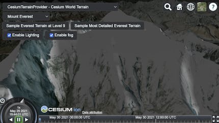 A view of a mountain in CesiumJS using sandcastle, with options for selecting different terrain data and terrain options to display.