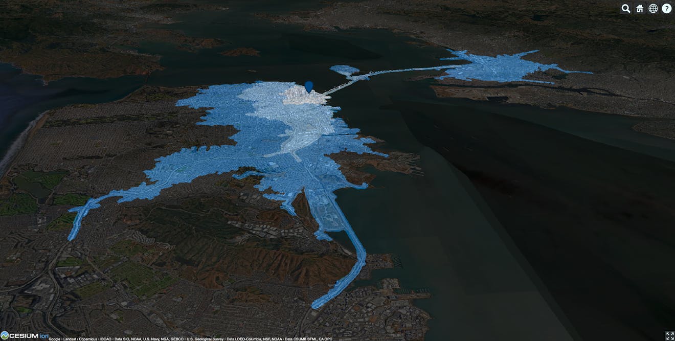 Travel time in San Francisco, CA, USA, queried from ArcGIS location services and visualized with Photorealistic 3D Tiles in CesiumJS. Five-, ten-, and fifteen-minute distances are shown in shades of gray and blue.