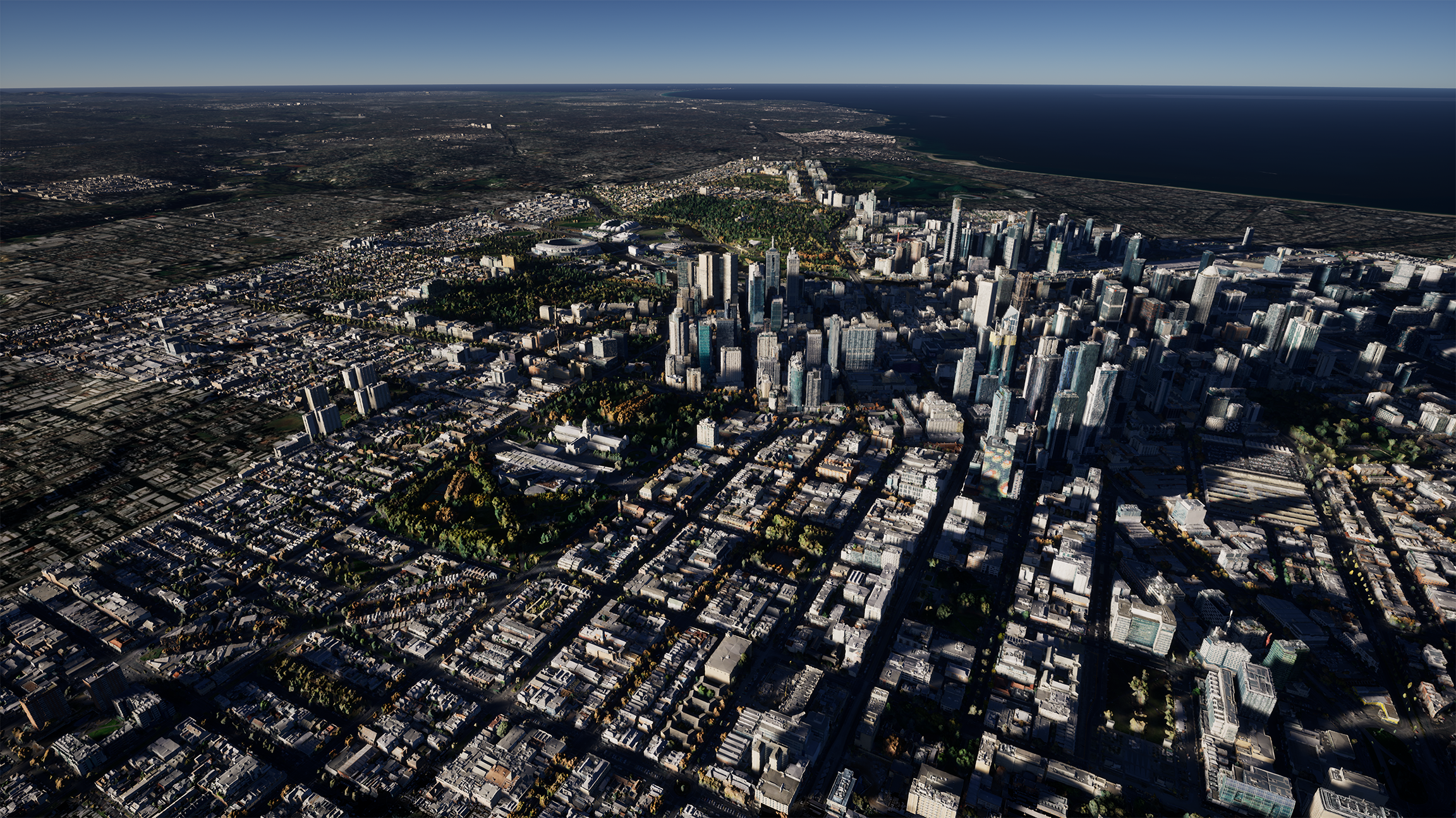 Aerial view of a real-world cityscape in Cesium for Unreal