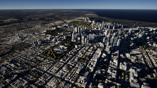 Aerial view of a real-world cityscape in Cesium for Unreal