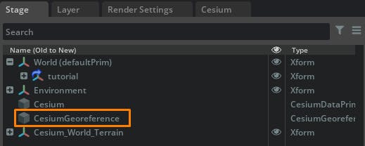 Cesium for Omniverse/Revit tutorial: From the stage, select the CesiumGeoreference prim to display its properties in the Property window.