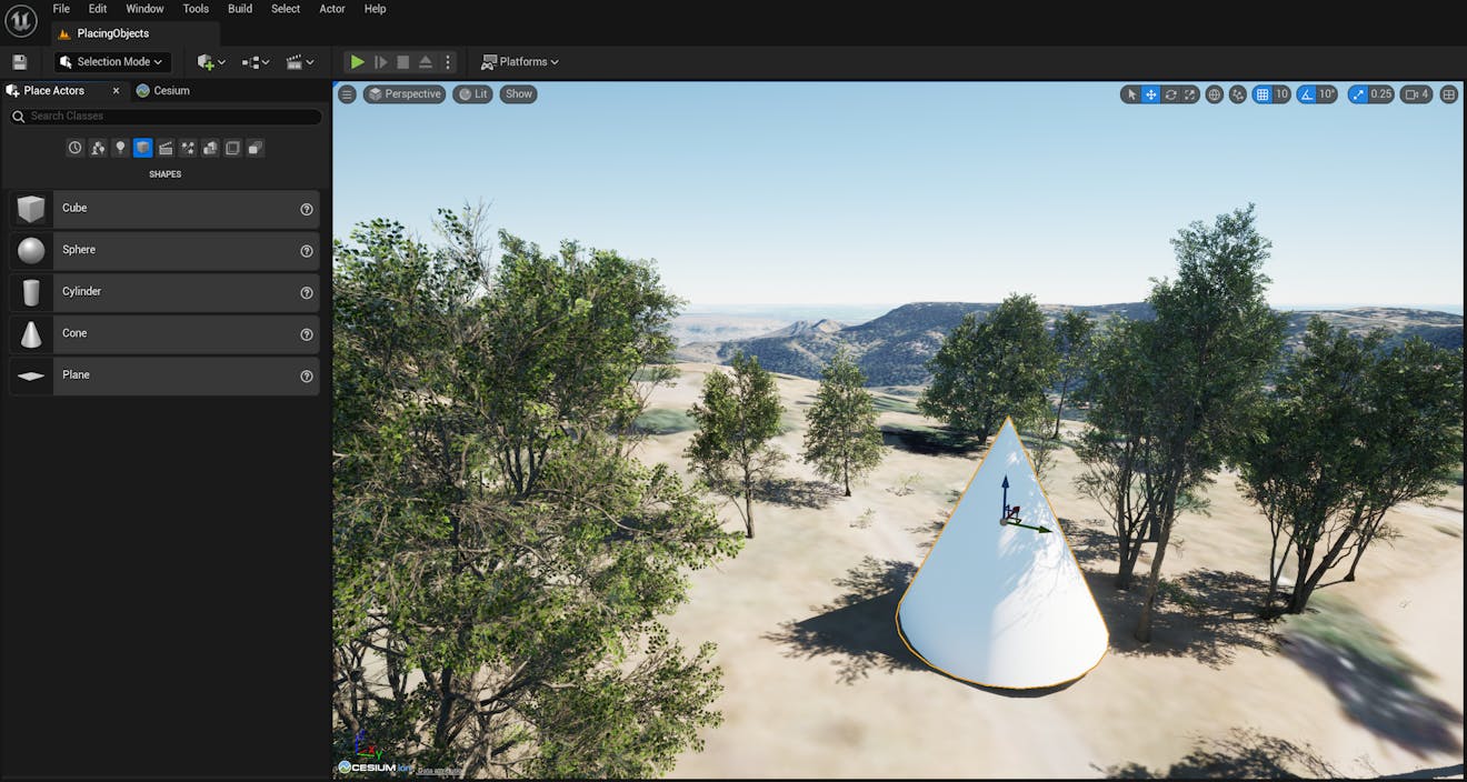 A screenshot showing trees and a solid cone against a mountainous backdrop.