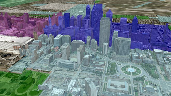 3D model of center city Philadelphia, Pennsylvania in shades of pink, purple, gray, and green. 