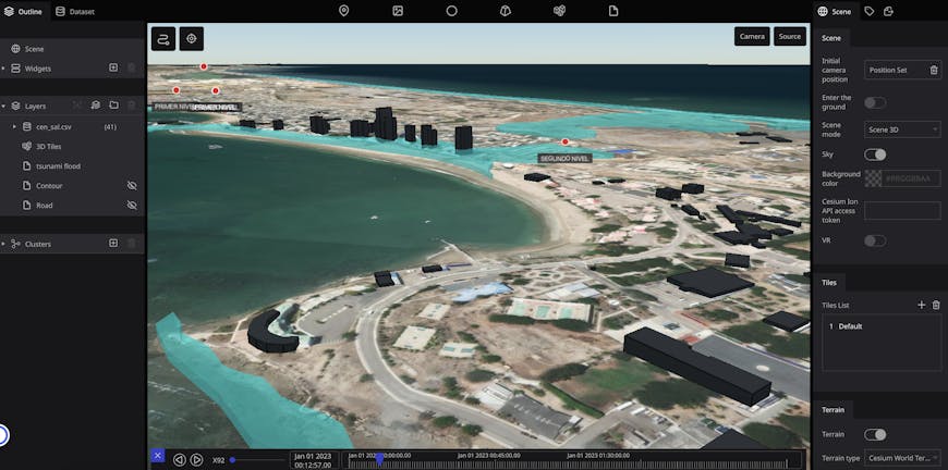 Tsunami simulation in Salinas, Ecuador, in Eukarya's Re:Earth platform, powered by CesiumJS