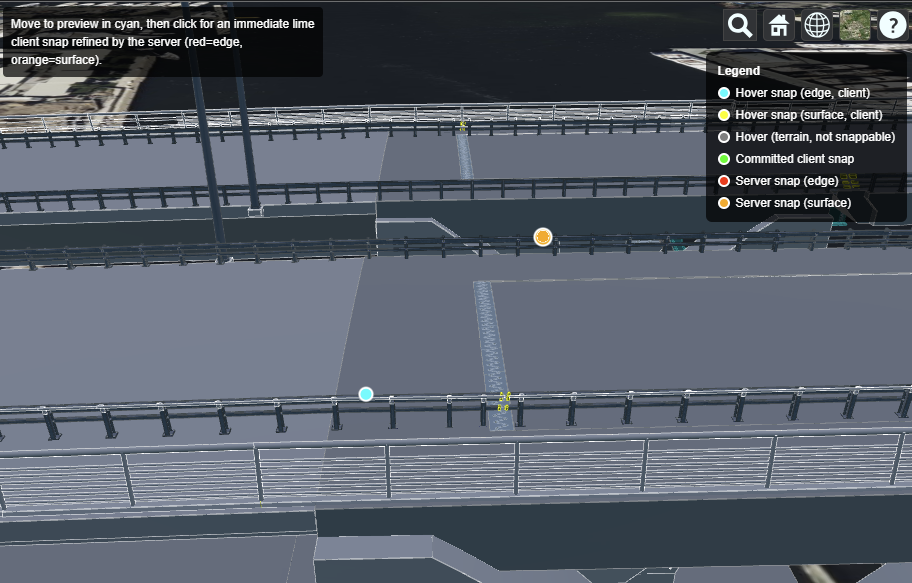 Screenshot of a completed snapping demo showing a legend for marker colours, and some snap points on a bridge railing.