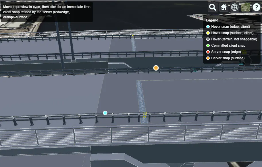 Screenshot of a completed snapping demo showing a legend for marker colours, and some snap points on a bridge railing.