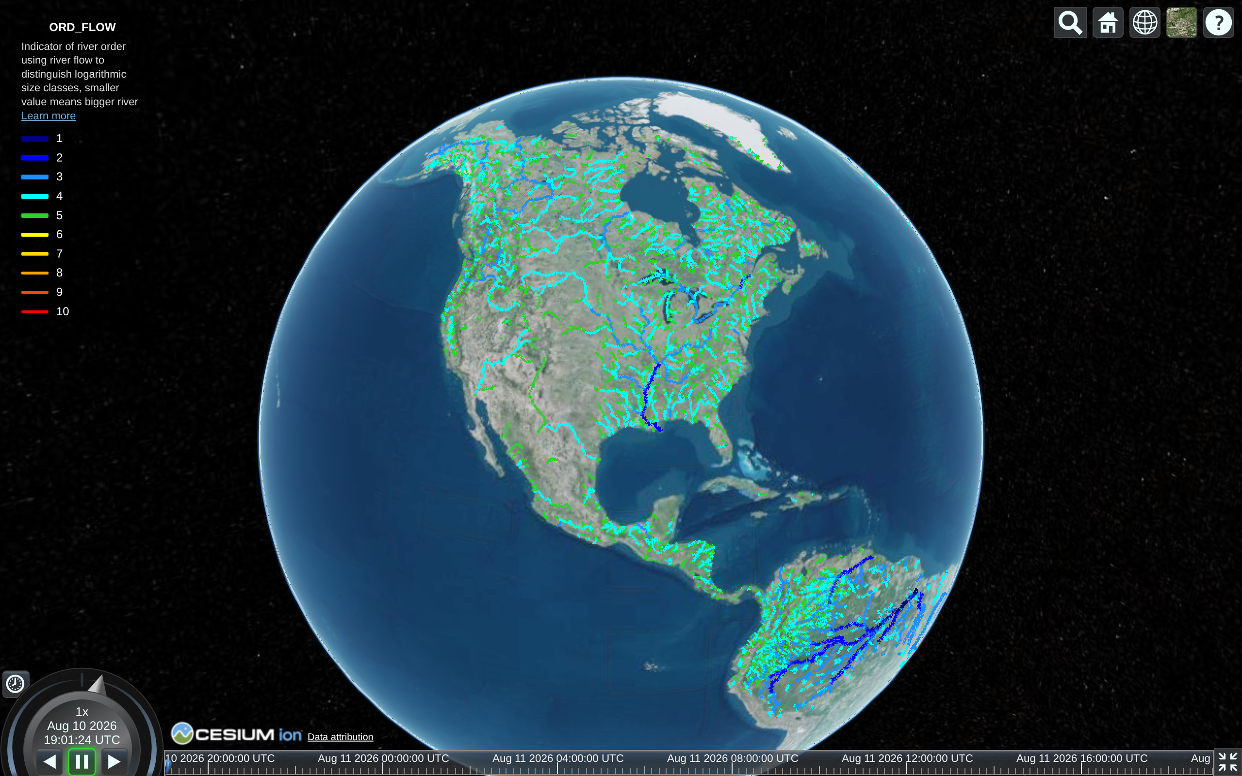 Global river flows dataset from HydroRiver. North American view. 
