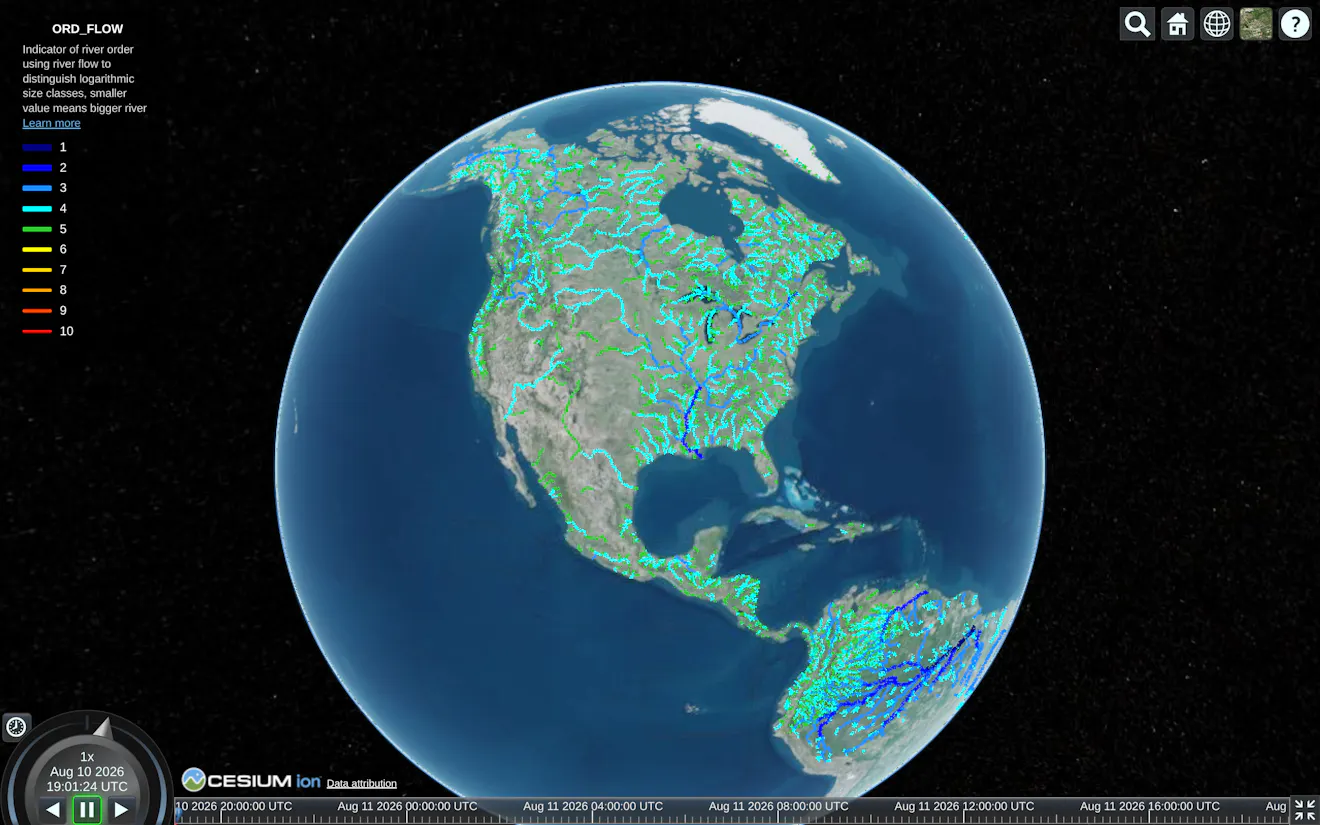 Global river flows dataset from HydroRiver. North American view.