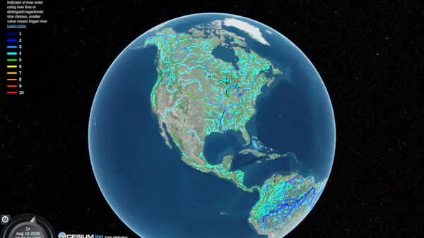 Global river flows dataset from HydroRiver. North American view.